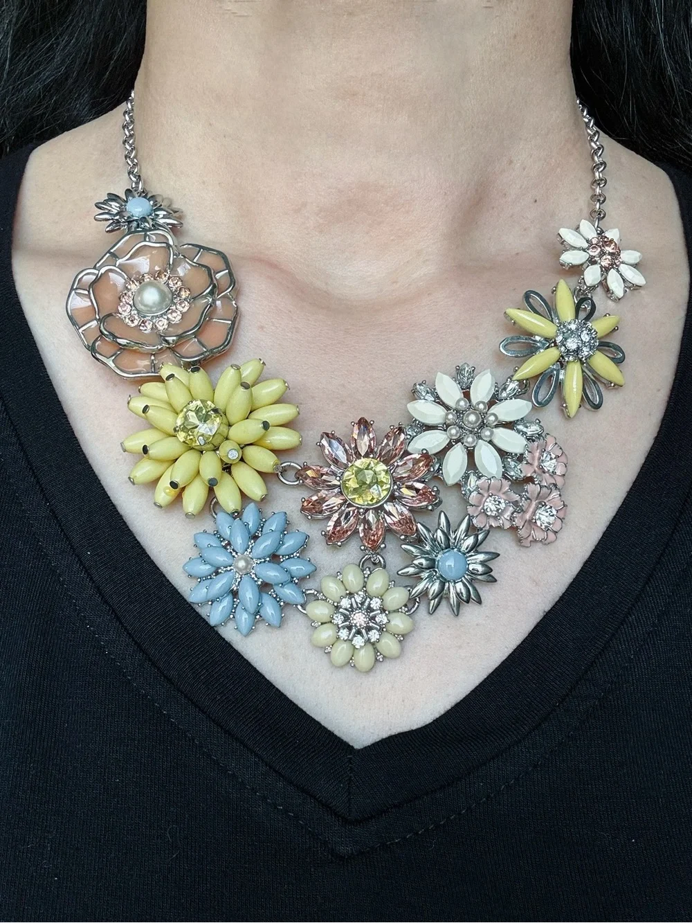 Vintage Silver Chunky Pastel Enamel Floral Statement Necklace